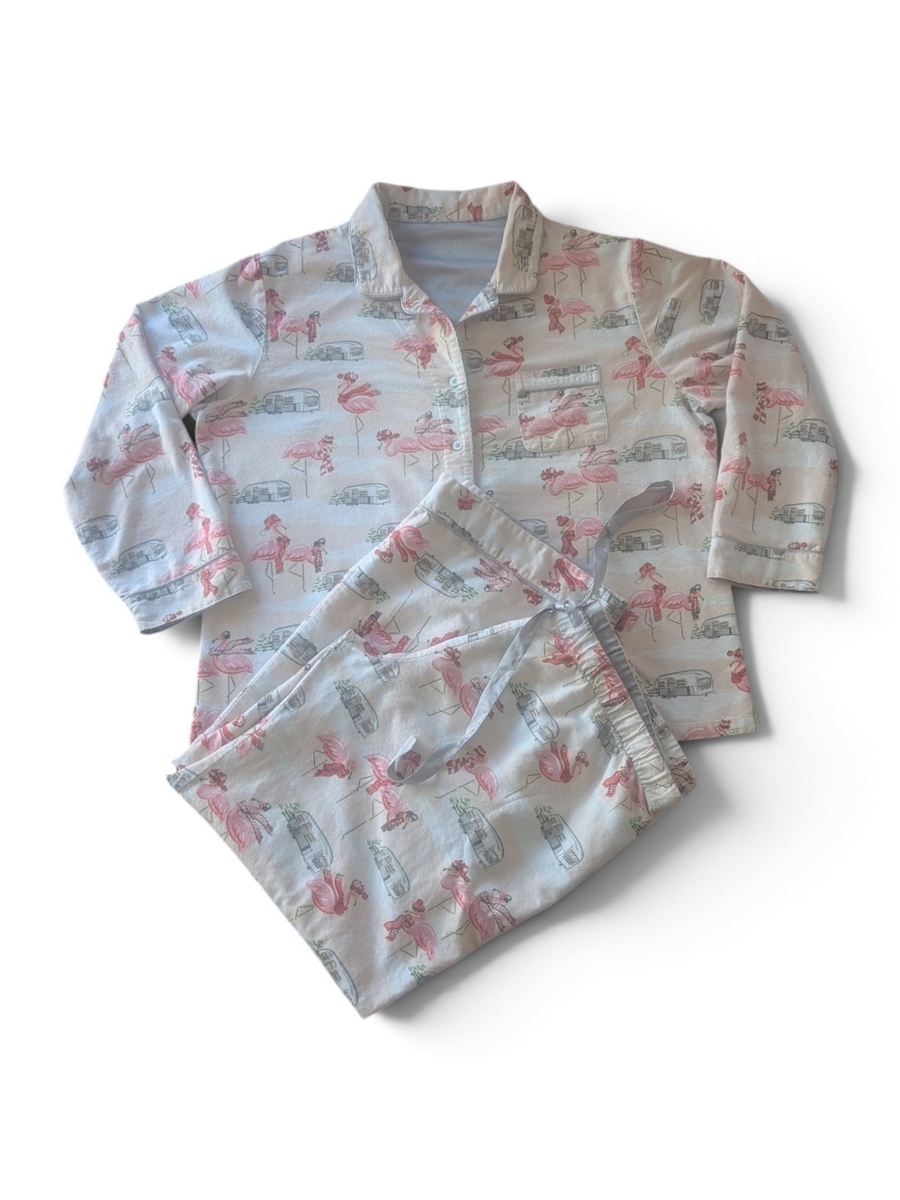 Nick & Nora Pink Flamingo Camper Pajama Set Cotton Button Top Pants XXL